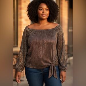 CeCe Black & Gold Metallic Blouse | XL | Tie-Front | Shimmer Top